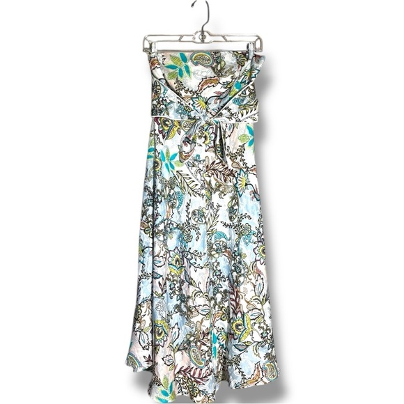 White House Black Market Spring-y White Strapless Blue/Brown Floral Midi Dress - Picture 12 of 16